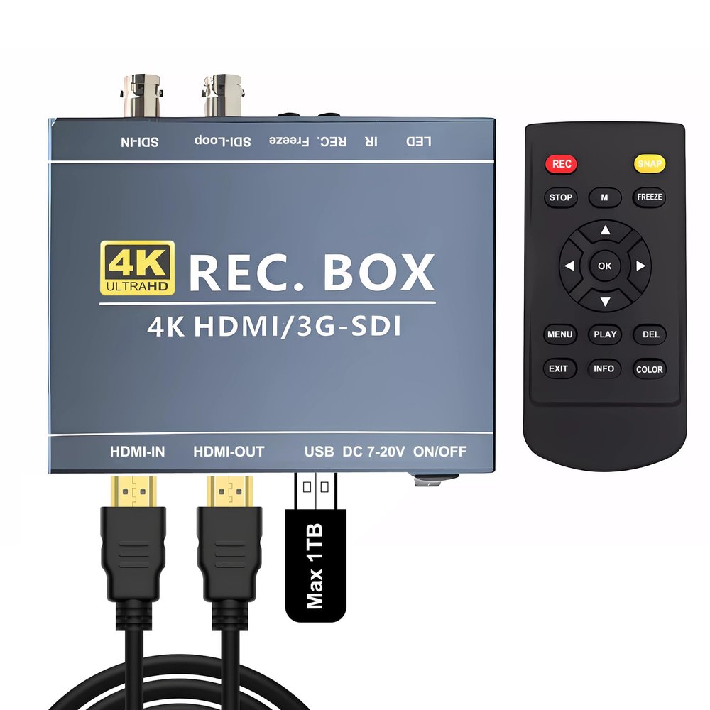 Mini DVR SDI TVI HDMI Recorder with SDI-Loop, SDI to HDMI Converter, 4K HD Video Capture Box for SDI Camera MP4 Digital Recorder Support 1TB U Disk 4K30 1080P60 IR Remote