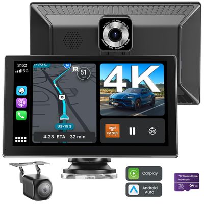 Portable Carplay Screen for Car, 9" Car Stereo Wireless CarPlay & Android Auto Touch Screen,4K Dash Cam/1080P Backup Camera/GPS Navigation/Mirror Link/Bluetooth//FM/Siri
