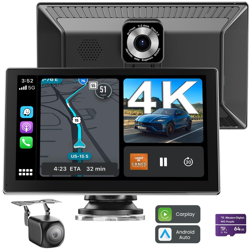 Portable Carplay Screen for Car, 9" Car Stereo Wireless CarPlay & Android Auto Touch Screen,4K Dash Cam/1080P Backup Camera/GPS Navigation/Mirror Link/Bluetooth//FM/Siri