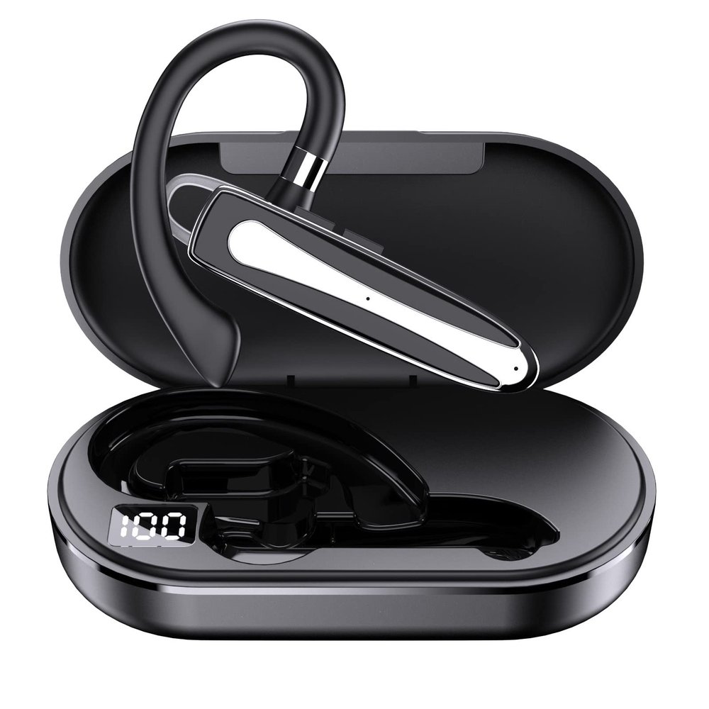 Business Headsets Bluetooth Headphones IPX7 Waterproof Wireless Earpiece,CVC8.0 Noise Cancelling 12 Hours Talktime with HD digital display, built-in Microphone for Driving Office Business, black+white