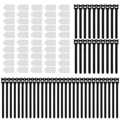 100 Pack Reusable Hook & Loop Cable Ties & Labels Kit - 50 Durable Cord/Wire Tags + 50 Self-Gripping Straps for Electronics Organizing, Home Office Cord Management (White & Black)