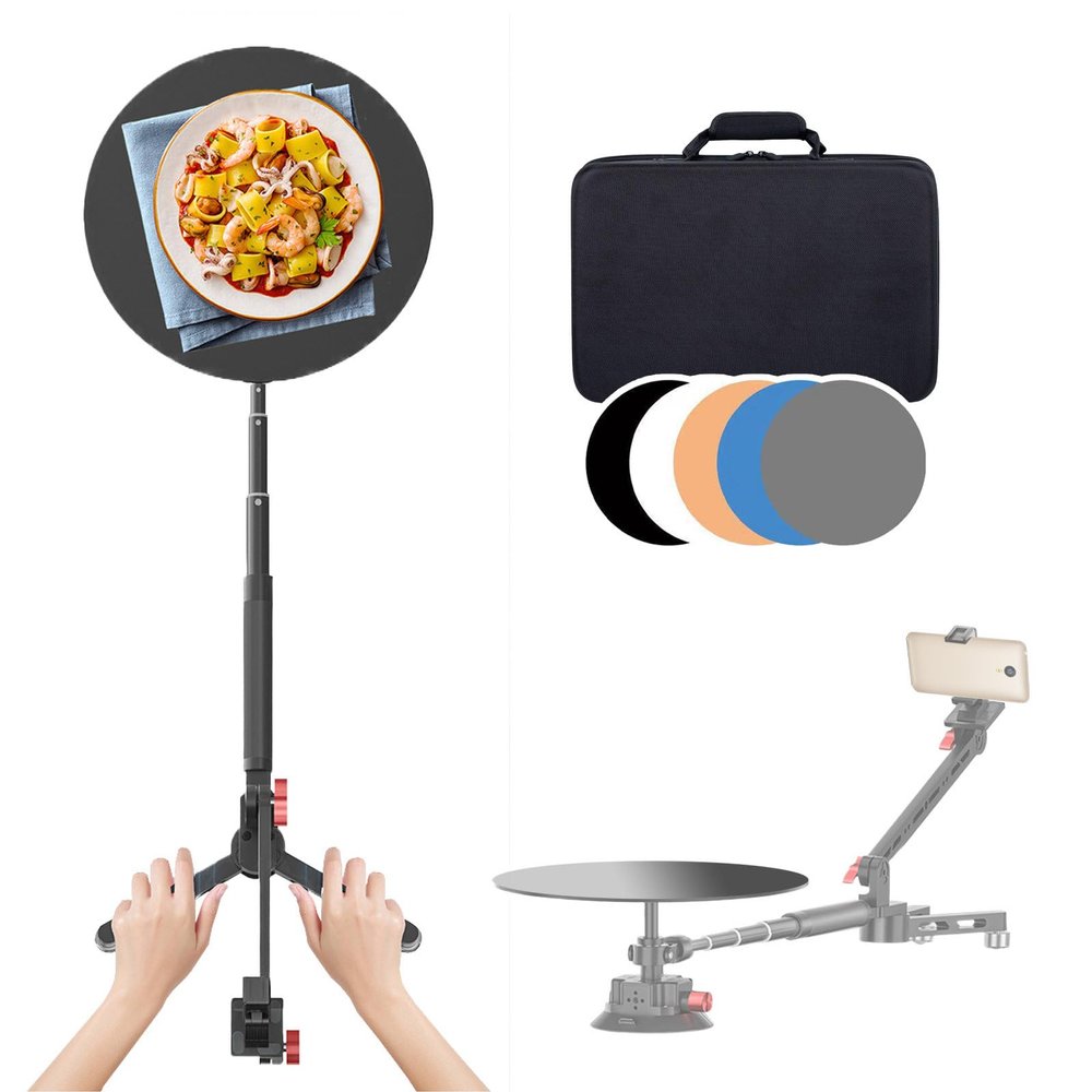 Professional Spinning Camera Rig, 360 Degree Rotating Phone/Camera Slider for Product Photography, with 43.3in/110cm Extension Poles & Suction Cup Base & 30cm Reflective Background Boards