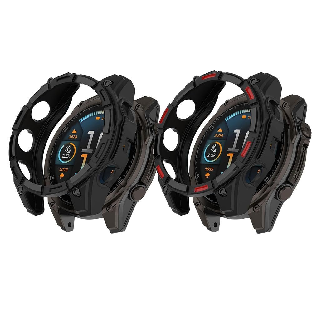 2 Pack Cases for Garmin Tactix 8 AMOLED Protective Cover, Flexible TPU Screen Protector Case Scratch-Resistant Cover Protective Case (Black/Black&Red, Garmin Tactix 8 AMOLED 47mm)