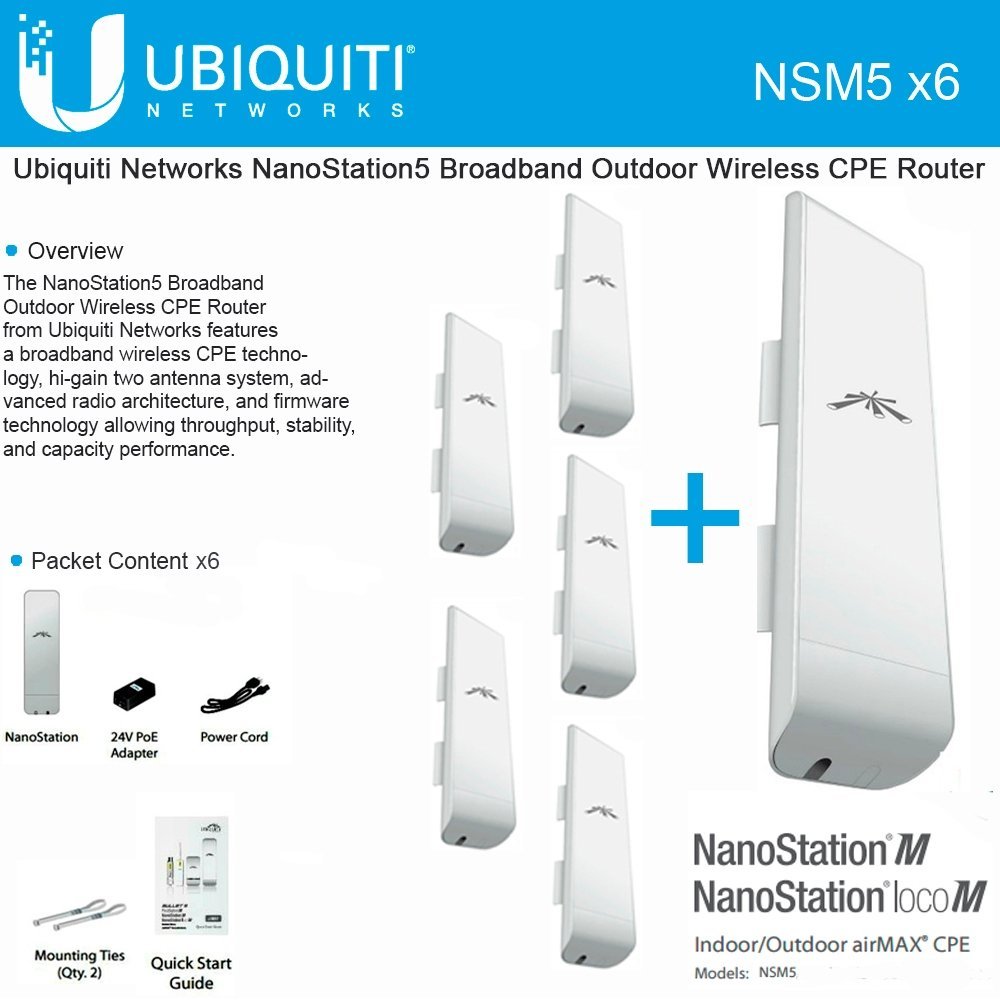 Ubiquiti NSM5 Bundle of 6 NanoStation M5 5GHz Outdoor airMAX CPE 150+Mbps 15+km (Renewed)