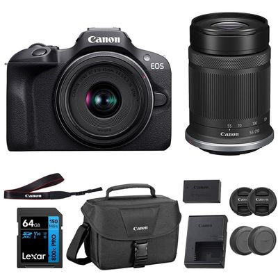 Canon EOS R100 Mirrorless Camera with RF-S18-45mm F4.5-6.3 IS STM Lens & RF-S55-210mm F5-7.1 IS STM, 24.1 Megapixel (APS-C Sensor) | Black Bundled with 64GB Memory Card & Camera Shoulder Bag (3 Items)