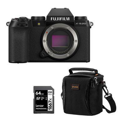 Fujifilm X-S20 Mirrorless Camera, Black, Bundle with 64GB SDXC Memory Card, Shoulder Bag, 1 Year Limited Warranty