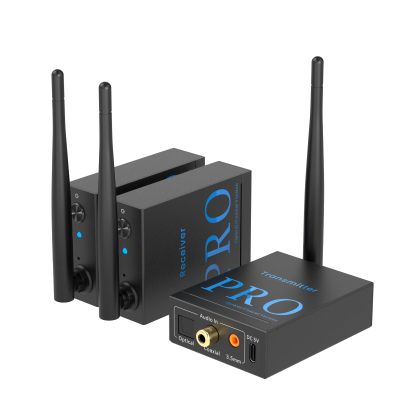 1Mii 3-in-1 2.4Ghz Wireless Audio Transmitter Receiver (1 TX+2 RX) for 2 Subwoofer/Active Speaker/Power Amplifier, 20ms Low Latency, 320ft Range, Optical/Coaxial/3.5mm(RCA) Audio Input/Output