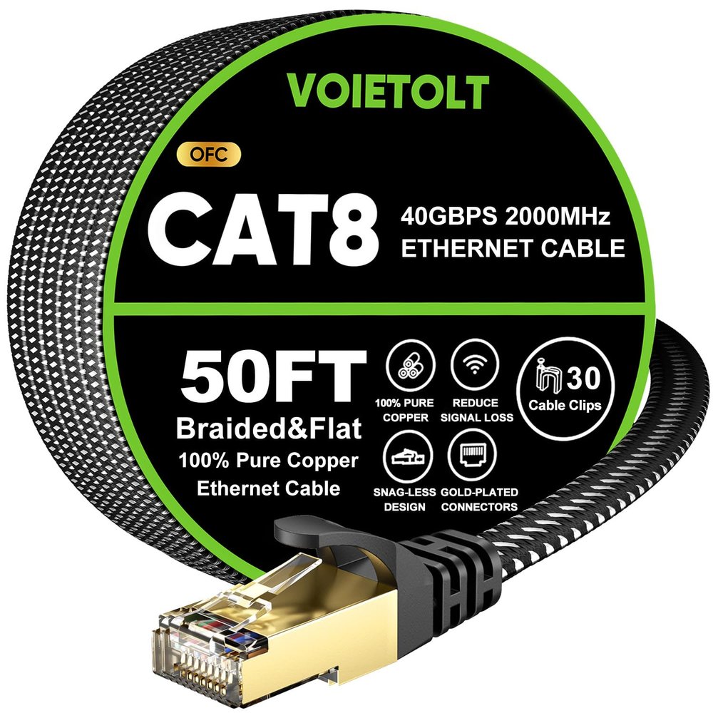 Cat 8 Ethernet Cable 50 FT Flat, High Speed 40Gbps 2000Mhz Braided Internet Cable with Gold Plated RJ45 Network LAN Cable SSTP, Heavy Duty Ethernet Cord Compatible for PS4/5, for Modems, PC/Laptop