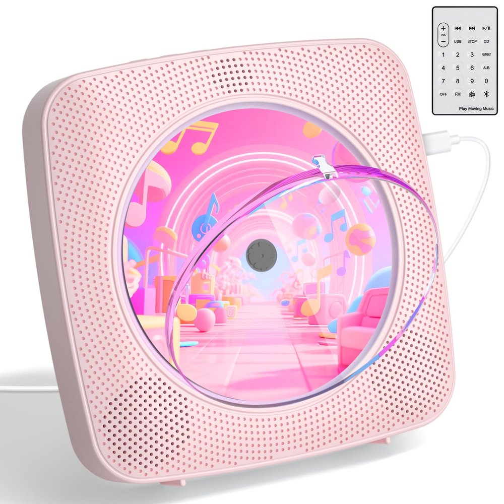 CD Player with Speakers CD Players for Home: Desktop Wall CD Player Bluetooth Portable Kegaudio with Dust Cover LCD Screen Display FM Radio USB AUX Jack Remote Control Black (Pink)