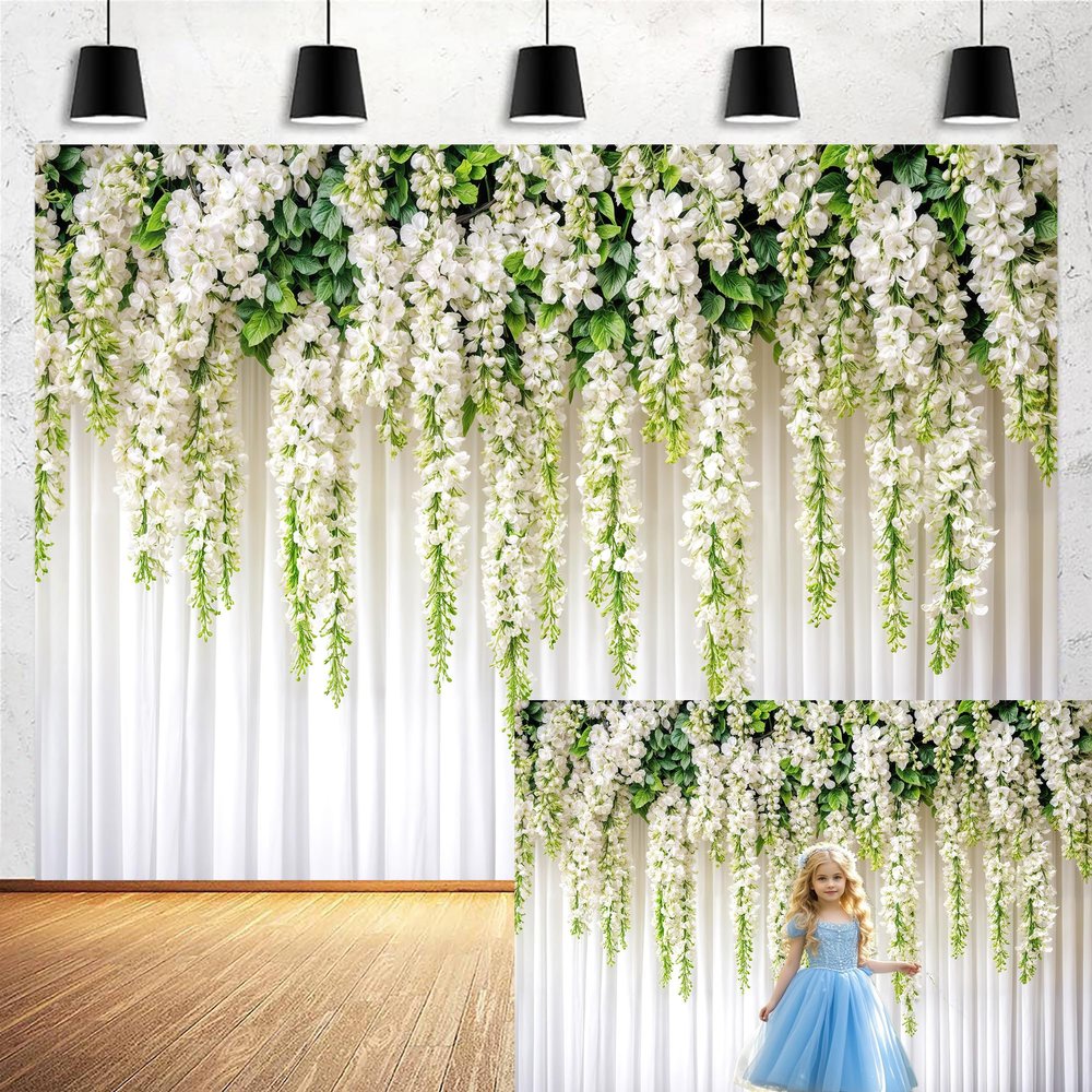 20x10ft Floral Flowers Backdrop White Spring Photography Background for Women Wedding Birthday Party Wall Decor - HD Photo Studio Backdrops with Botanical Pattern Cake Table Decoration