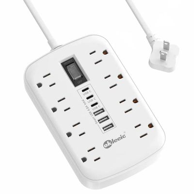 2 Prong Power Strip, 3 to 2 Prong Outlet Adapter, 1700J 2 Prong Surge Protector 5ft Extension Cord with Thin Flat Polarized Plug, 8 AC & 6 USB, Wall Mount for Non-Grounded Outlet, Ideal for Old House