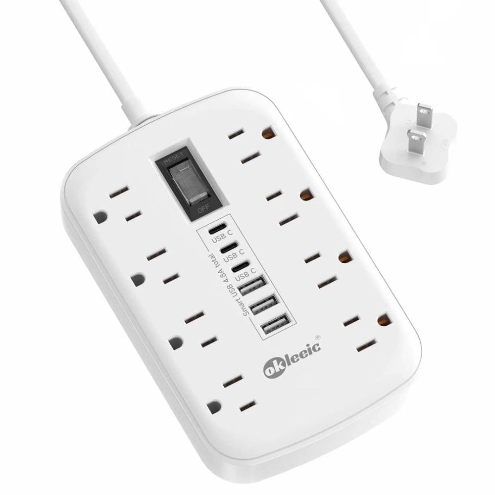 2 Prong Power Strip, 3 to 2 Prong Outlet Adapter, 1700J 2 Prong Surge Protector 5ft Extension Cord with Thin Flat Polarized Plug, 8 AC & 6 USB, Wall Mount for Non-Grounded Outlet, Ideal for Old House