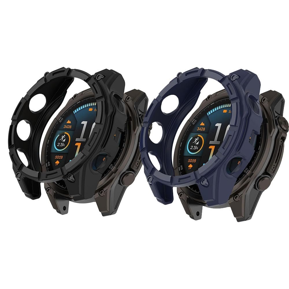 2 Pack Cases for Garmin Tactix 8 AMOLED 47mm 51mm, Flexible TPU Screen Protector Case Scratch-Resistant Cover Protective Case (Black/Blue, Garmin Tactix 8 AMOLED 47mm)