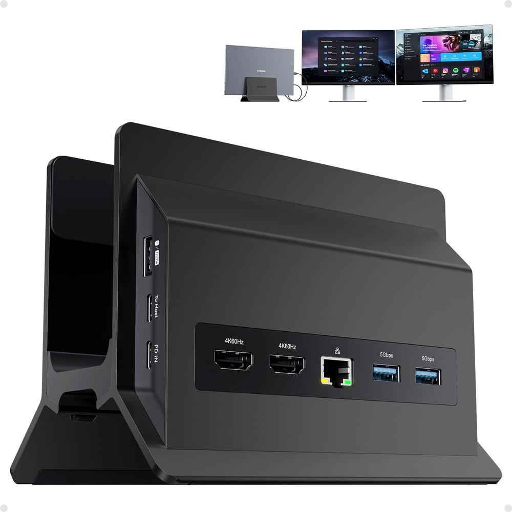 PULWTOP USB C Laptop Docking Station Dual Monitor, 11 in 1 Vertical Dock with 2 HDMI 4K, 3 USB A/C 10Gbps, 2USB-A 5Gbps, USB A 2.0, Ethernet, Docking Station Stand for Type-C Laptops - Black