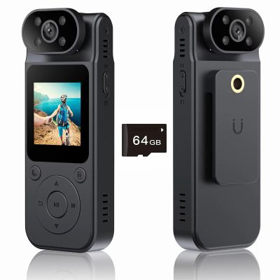 1.5Screen Mini Body Camera Video Recording with 64GB Memory Card,1080P Wearable Personal Bodycam with 180 Rotating Lens Night Vision Motion Detection, Body Worn Camcorder for Travel/Outdoor/Work