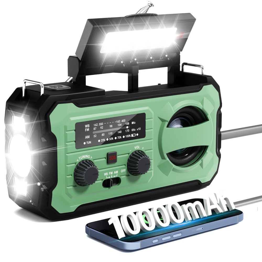 Hand Crank Emergency Radio, 10000mAh Weather Radio with AM/FM/NOAA, Solar Prower, SOS Alarm, Phone Charging, LED Flashlight, Portable Survival Gear for Outdoor & Home Emergencies Kits, Light Green