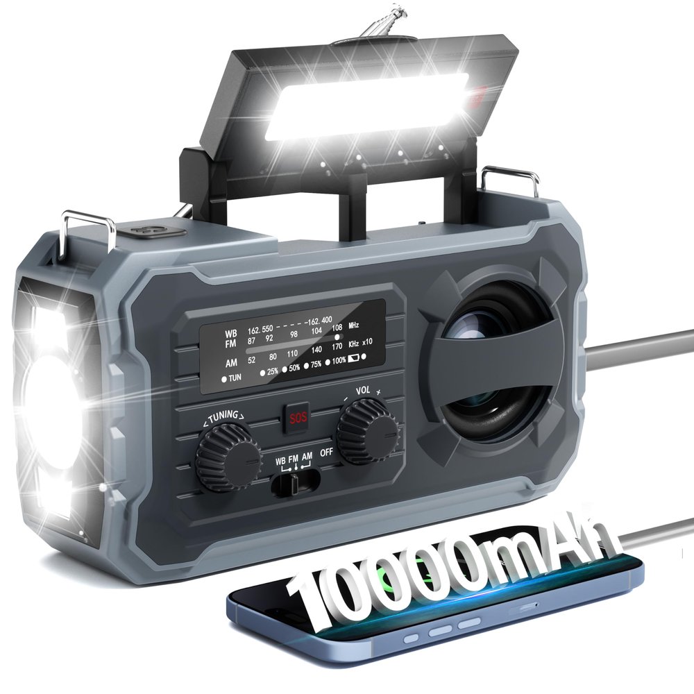 Hand Crank Emergency Radio 10000mAh Weather Radio with AM/FM/NOAA, Grey