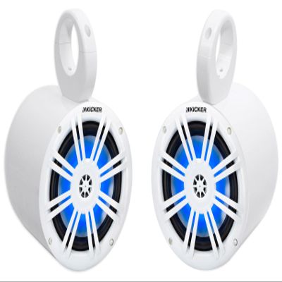 Audiosavings Bundle: (2) Kicker 51KM604WL KM60 6.5" 50w Marine Boat Speakers White w/Blue LED Bundle with Pair Rockville MAC65W 6.5" White Aluminum Wakeboard Tower Speaker Pod Enclosures (2 Items)
