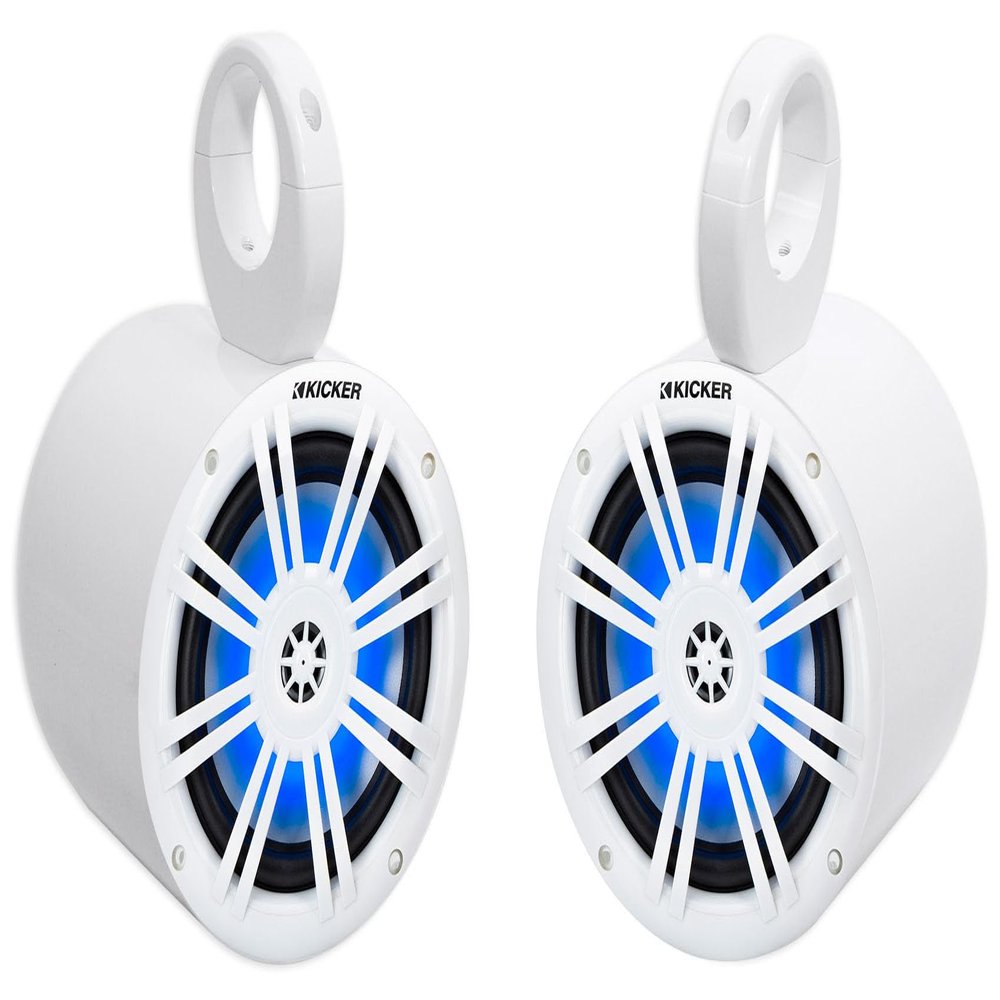 Audiosavings Bundle: (2) Kicker 51KM604WL KM60 6.5" 50w Marine Boat Speakers White w/Blue LED Bundle with Pair Rockville MAC65W 6.5" White Aluminum Wakeboard Tower Speaker Pod Enclosures (2 Items)