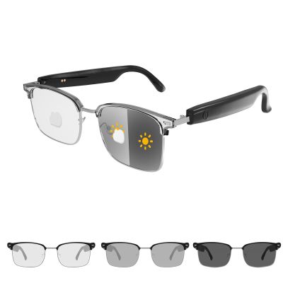 Harlafou Bluetooth Audio Smart Glasses, Photochromic Sunglasses Blue Light for Men and Women,Open Ear Sound Mic & Speakers, Magnetic Charging (Black+Sliver)
