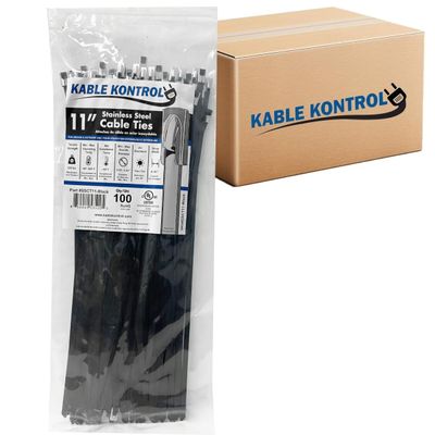 Kable Kontrol Black Metal Zip Ties Bulk Pack - 11" Inch Long 3000 Pcs, 200 Lbs Tensile Strength, Polyester Coated 304 Stainless Steel Cable Ties UV & Chemical Resistance, for Indoor & Outdoor Use