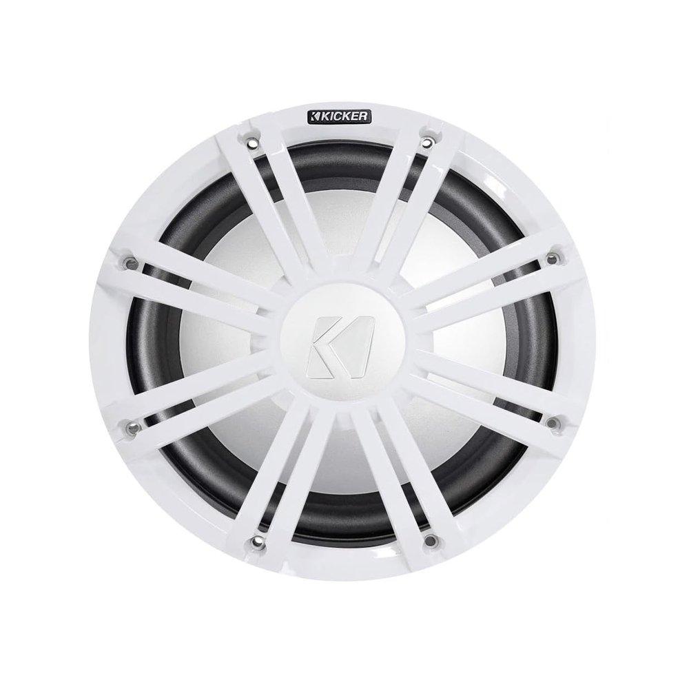 Audiosavings Bundle: Kicker 45KMF104 10" 350w Peak/175w RMS Marine Boat Subwoofer Free Air Sub Bundle with Kicker 45KMG10W 10" White Grille w/LED for KM10 and KMF10 Subwoofer Subs (2 Items)