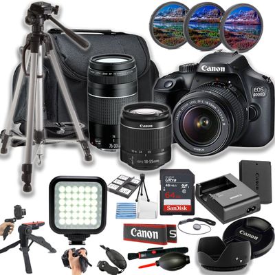 Canon EOS 4000D (Rebel T100) 18MP DSLR Camera w/EF-S 18-55mm and EF 75-300mm Lens + LED Light + 64GB Memory + Filters + Case + Tripod + Grips + Hood, and More (26pc Bundle) (Renewed)