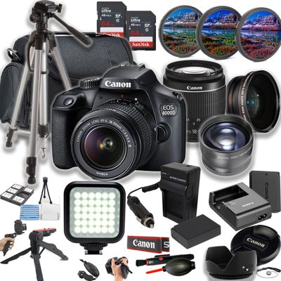 Canon EOS 4000D (Rebel T100) 18MP DSLR Camera w/EF-S 18-55mm F/3.5-5.6 Lens + LED Light + 128GB Memory + Lenses + Filters + Case + Tripod + Grips + Added Power, and More (28pc Bundle) (Renewed)