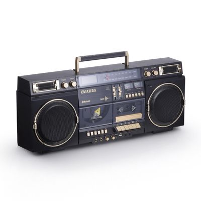 aiwa Retro Boombox BackTrack CD Player with Cassette Recording, Bluetooth 5.0, FM/AM Radio, USB/SD/AUX Inputs, VU Meters, LCD Display, Dual 40W Speakers (Black and Gold)