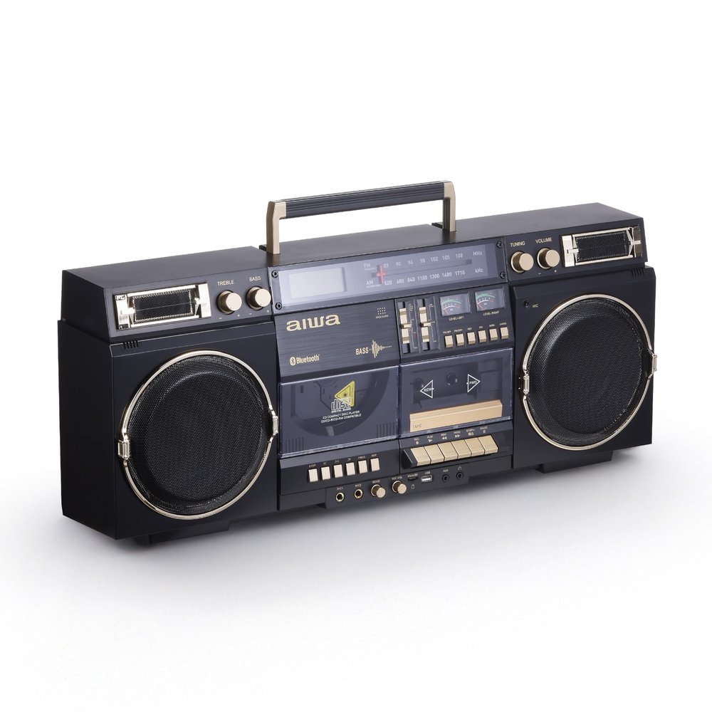 aiwa Retro Boombox BackTrack CD Player with Cassette Recording, Bluetooth 5.0, FM/AM Radio, USB/SD/AUX Inputs, VU Meters, LCD Display, Dual 40W Speakers (Black and Gold)
