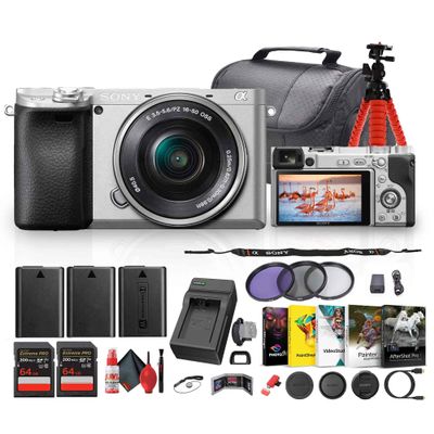 Sony a6400 Mirrorless Camera with 16-50mm f/3.5-5.6 II Lens (Silver) (ILCE6400L/S) + Photo Software + 2 x 64GB Memory Card + 2 x NP-FW50 + Camera Bag + Charger + Lens Filter Kit + More