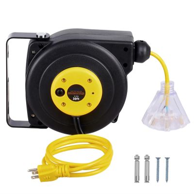 30 FT Retractable Extension Cord Reel,Heavy Duty 16AWG/3C SJTOW Retractable Power Cord Reel with Lighted Triple Tap Outlet 10 Amp Circuit Breaker 4.5FT Lead-in Cord, for Ceiling or Wall Mount