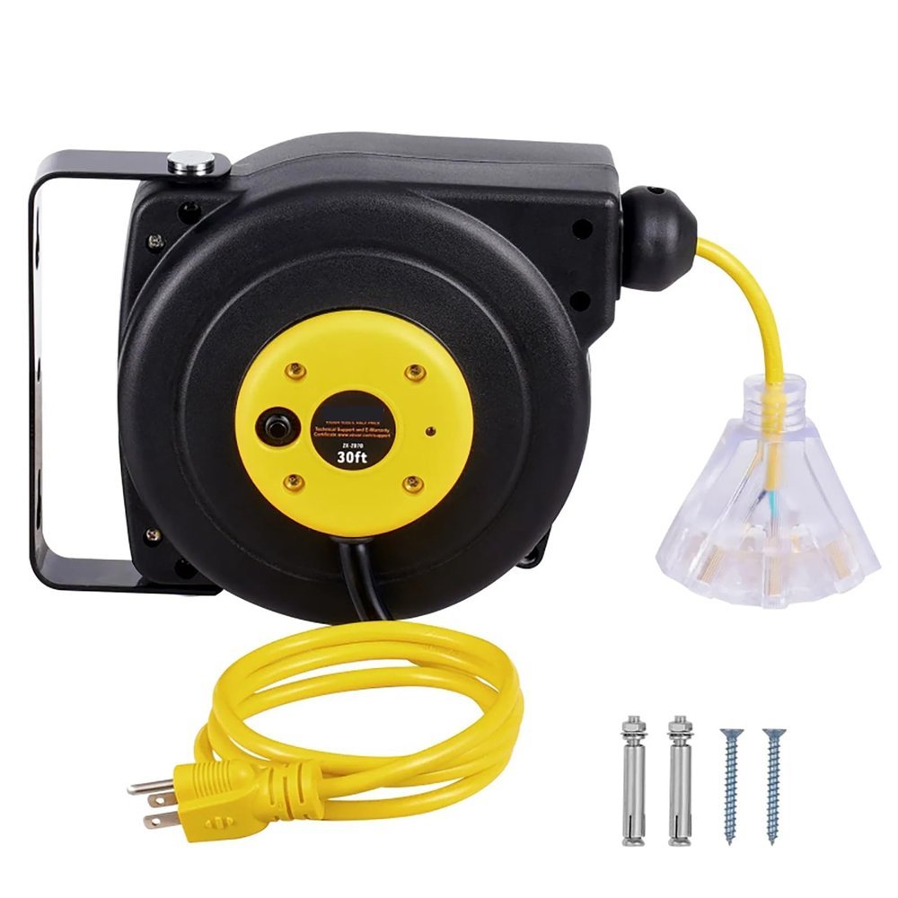 30 FT Retractable Extension Cord Reel,Heavy Duty 16AWG/3C SJTOW Retractable Power Cord Reel with Lighted Triple Tap Outlet 10 Amp Circuit Breaker 4.5FT Lead-in Cord, for Ceiling or Wall Mount