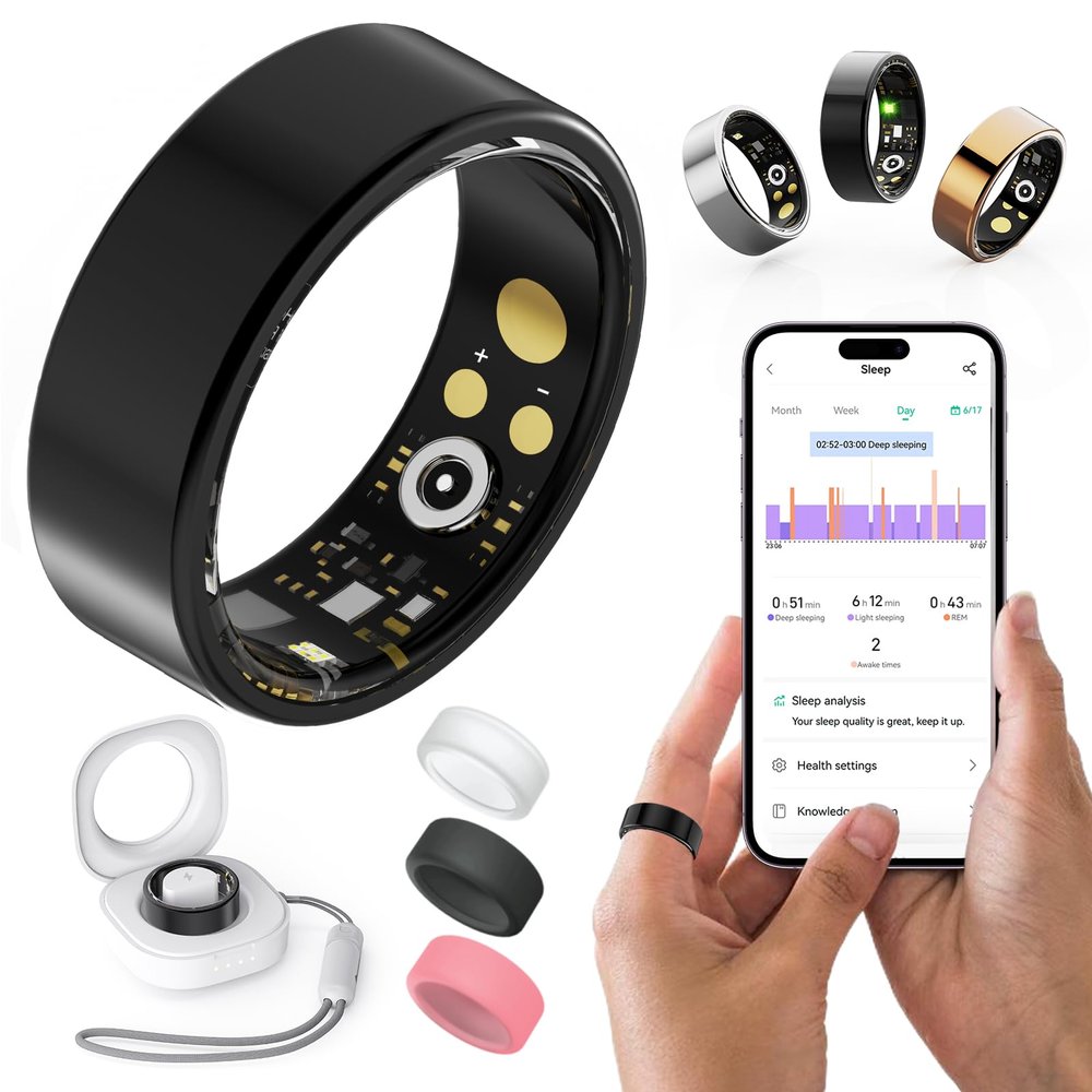 RICHCLLCTR Health Rings for Women Men, Fitness Tracker with Heart Rate,Blood Oxygen, Blood Pressure, Sleep/Step Tracker, IP68 Waterproof Smart Ring for iPhone & Android (Black, 9#)