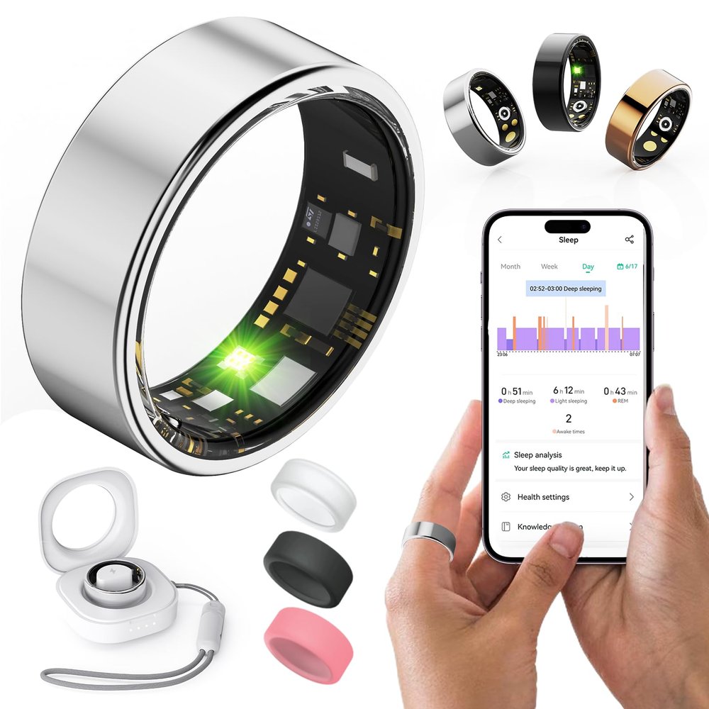 RICHCLLCTR Health Rings for Women Men, Fitness Tracker with Heart Rate,Blood Oxygen, Blood Pressure, Sleep/Step Tracker, IP68 Waterproof Smart Ring for iPhone & Android (Silver, 10#)