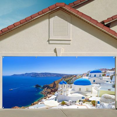 DORCEV 7x16ft Greece Santorini Island Garage Door Decor Beautiful Blue Aegean Sea European White Santorini Island Oia Village Garage Door Backdrop Bridal Shower Honeymoon Background