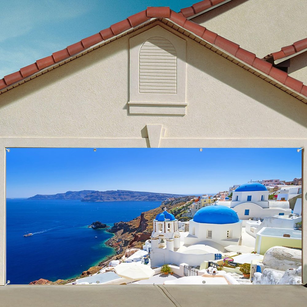 DORCEV 7x16ft Greece Santorini Island Garage Door Decor Beautiful Blue Aegean Sea European White Santorini Island Oia Village Garage Door Backdrop Bridal Shower Honeymoon Background