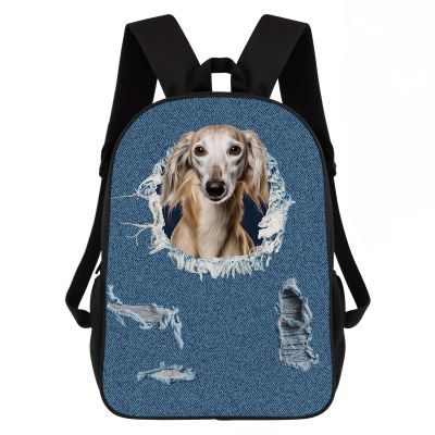Dog Backpack - Saluki Dog with Ripped Denim Pattern Decor Casual Backpack for Travel, School & Daily Use | Lightweight Durable Design with Laptop Compartment (17")