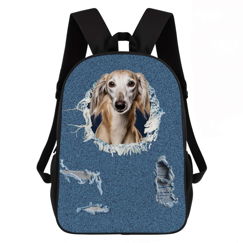 Dog Backpack - Saluki Dog with Ripped Denim Pattern Decor Casual Backpack for Travel, School & Daily Use | Lightweight Durable Design with Laptop Compartment (17")