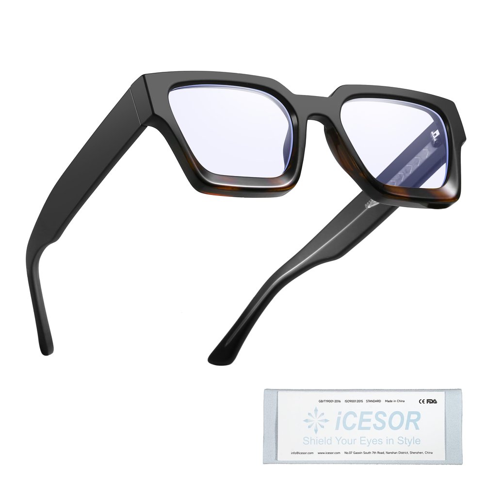 Icesor Thick Square Blue Light Blocking Glasses Trendy Chic Anti Eyestrain TV Computer Gaming for Women Men Hermes Style