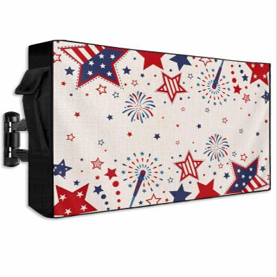 Outdoor TV Cover with Zipper, 4th of July Red Blue Stars Firework American Flag Retro Waterproof TV Protector for 60-65 Inch TVs, Weatherproof Dustproof TV Cover for Patio, Backyard, Poolside