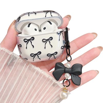 MINSCOSE Compatible with AirPods 4 Clear Case,Cute Bow Pattern Kawaii Ribbon Girly Design with Bow Pearl Keychain,Soft TPU Protective Shockproof Case for Women Girl for AirPods 4-Black