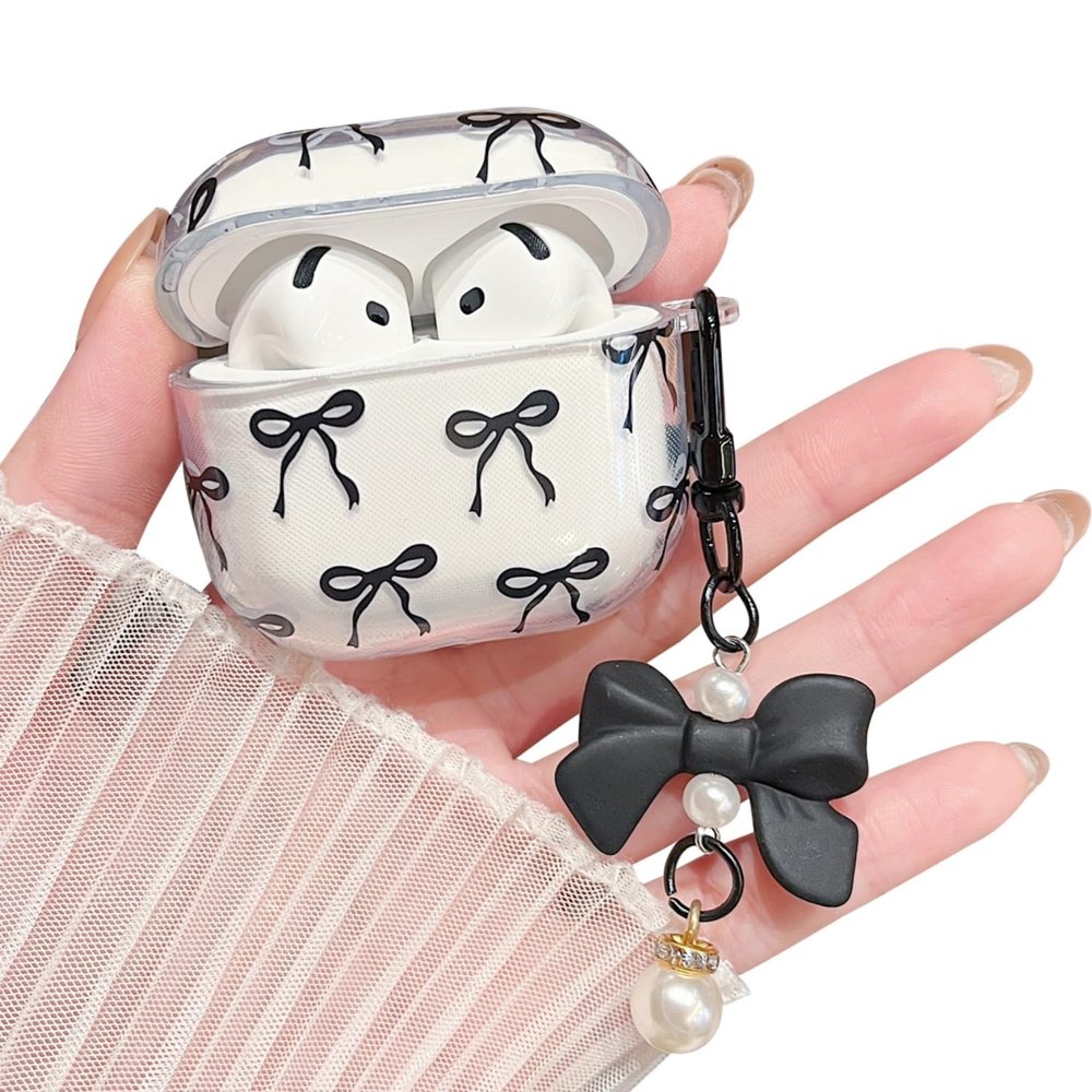 MINSCOSE Compatible with AirPods 4 Clear Case,Cute Bow Pattern Kawaii Ribbon Girly Design with Bow Pearl Keychain,Soft TPU Protective Shockproof Case for Women Girl for AirPods 4-Black