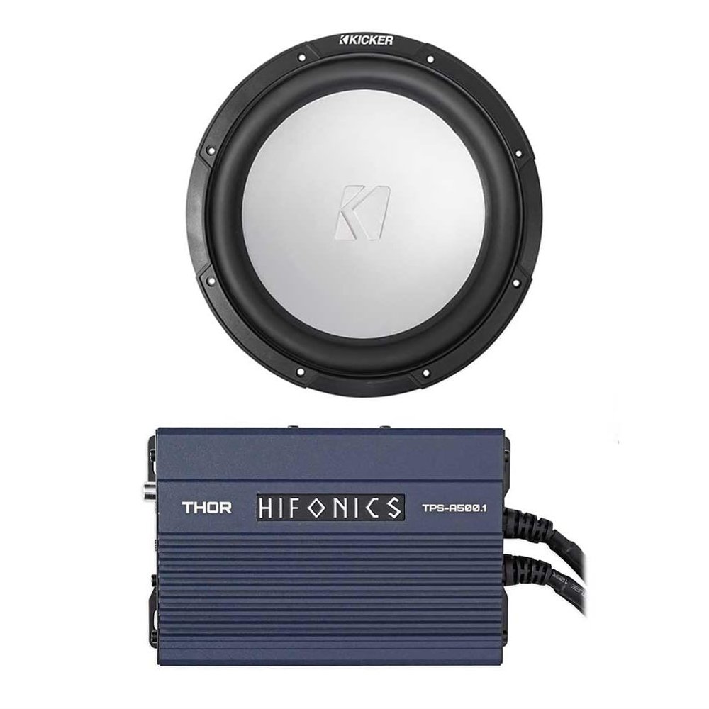 Audiosavings Bundle: Kicker 45KM102 10" 350w Peak/175w RMS Marine Boat Subwoofer SVC 2-ohm Sub KM10 Bundle with TPS-A500.1 500w Mono Marine Sub Amplifier for Polaris RZR/ATV/UTV (2 Items)