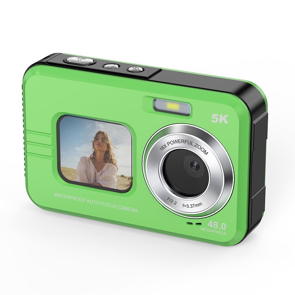 Underwater Camera 48MP for Snorkeling & Kids, Beginner-Friendly Waterproof Digital Camera with Dual Screens, Autofocus, Floating IP68 Design, 16X Zoom for Travel & Beach(Green)