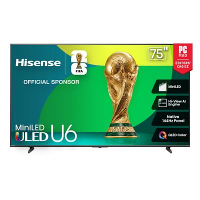 Hisense 75" Class U6 Series Mini-LED 4K UHD Smart Fire TV (75U65QF, 2025 Model) - QLED, HDR10+, Native 144Hz, Dolby Vision IQ, Dolby Atmos, Game Mode Pro, ALLM, Alexa Built in, Black