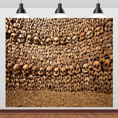 Loccor 10x6.5ft Fabric Paris Catacombs France Backdrop Basement Tomb Stack of Skulls and Bones Photography Background for Party Decorations Photoshoot Studio Props