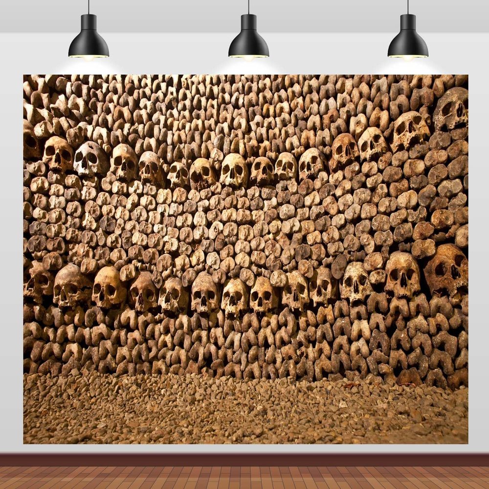 Loccor 10x6.5ft Fabric Paris Catacombs France Backdrop Basement Tomb Stack of Skulls and Bones Photography Background for Party Decorations Photoshoot Studio Props