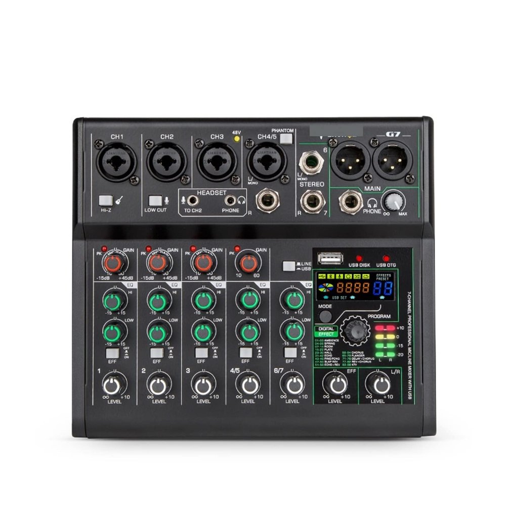 Mini 7 Channel Sound Card Mixer USB Console DJ Karaoke Smartphone Professional Computer Recording 48V Live Broadcast