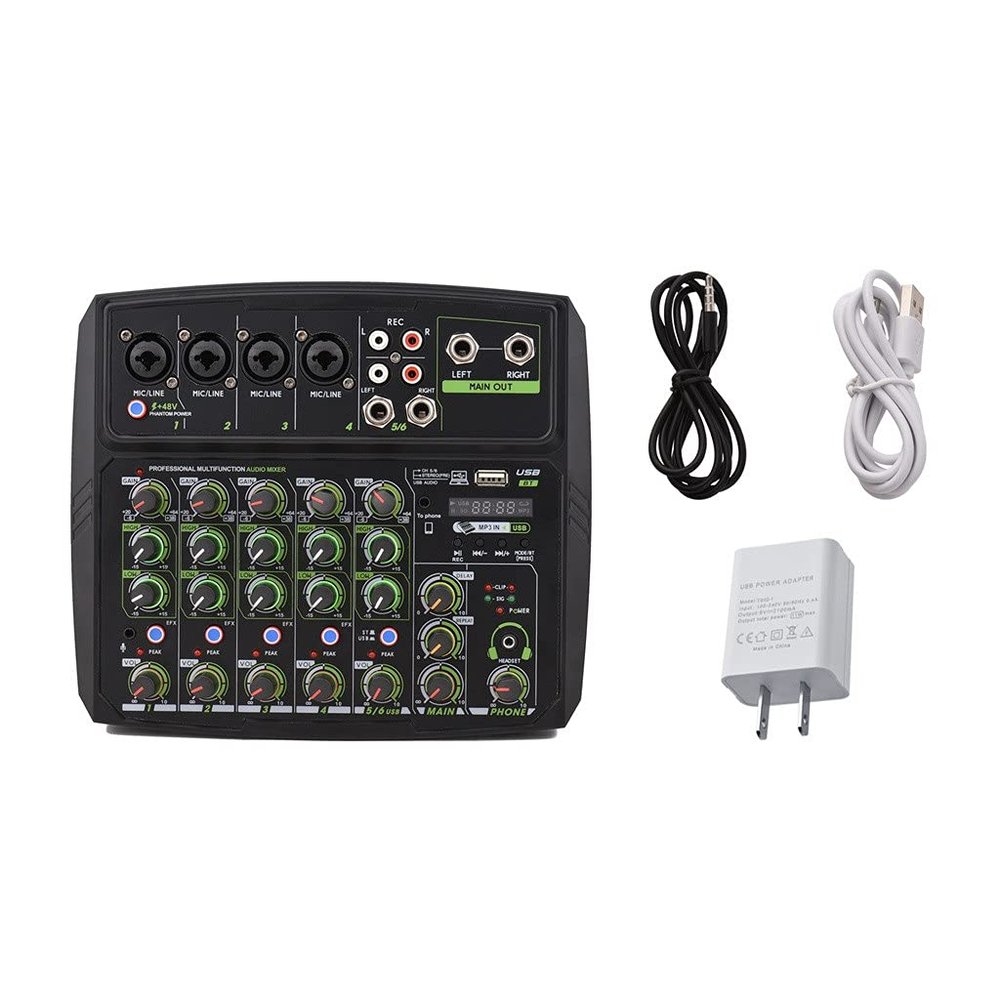 6-channel Audio Mixer Mixing Console Led Screen Built-in Soundcard Bt Connection with 2-band Eq Gain Delay Control